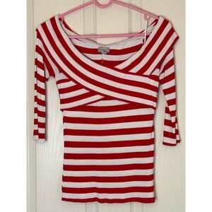 BELLE & SKY Red White Striped Off Shoulder Wrap Front 3/4 Sleeve Top Womens  S